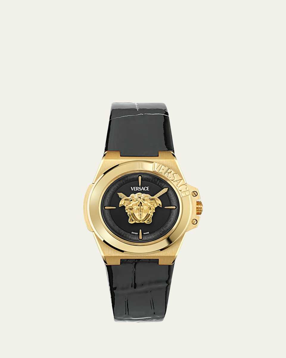 37mm Versace Hera Watch with Calf Leather Strap, Yellow Gold/Black